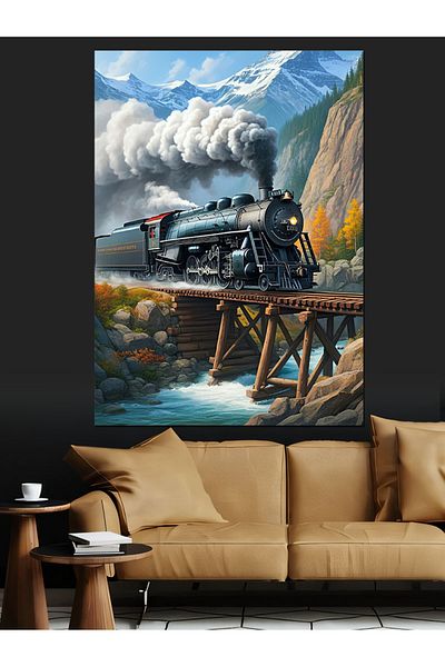 Tablomega Mountain Train and Landscape Decorative Canvas - Mdf Wooden Painting
