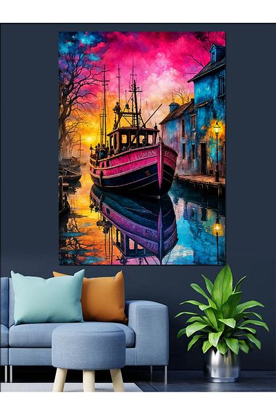 Tablomega Colorful Boat and River Decorative Canvas - Mdf Wooden Painting