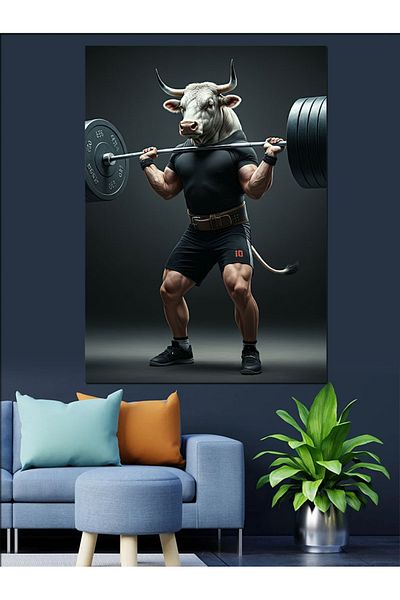 Tablomega Muscular Bull Strength Decorative Canvas - Mdf Wooden Painting