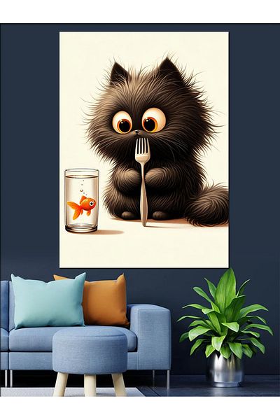 Tablomega Black Cat with Gold Fish Decorative Canvas - Mdf Wooden Painting
