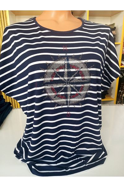 AKŞEN GİYİM Plus Size Round Neck Low Sleeve Compass Stone Detail a Quality Marine Bluz