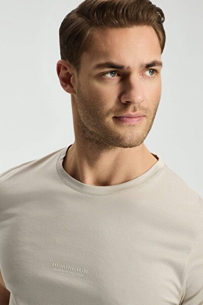 Hemington Printed Mercerized Cotton Light Beige Crew Neck T-Shirt