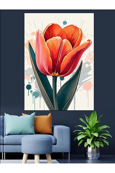 Tablomega Pomegranate Flower Tulip Decorative Canvas - Mdf Wooden Table