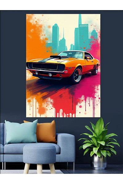 Tablomega Yellow Sports Car and City Decorative Canvas - Mdf Wooden Painting