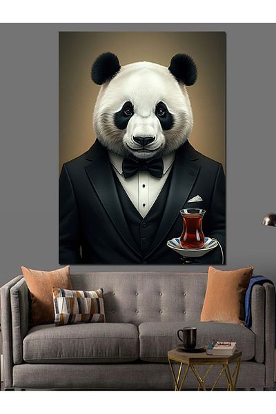 Tablomega Panda and Tea Decorative Canvas with Bow Tie - Mdf Wooden Painting