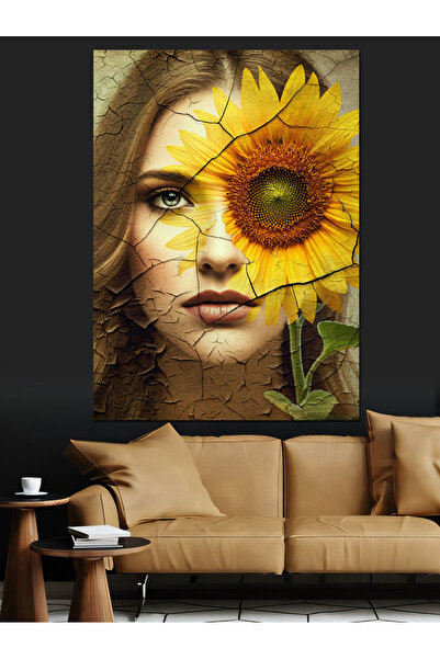 KanvasSepeti Слънчоглед и лице на жена Маслена живопис Текстурирана висококач...