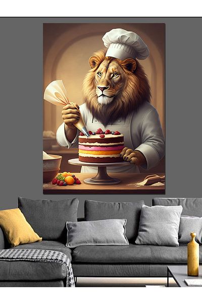 Tablomega Making Cake Lion Decorative Canvas - Mdf Wooden Table