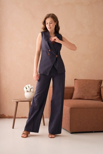 nodilife Navy Blue Linen Women's Suit