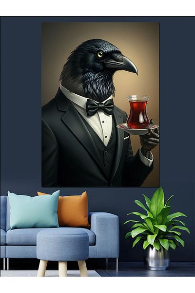 Tablomega Bowtie Crow and Tea Decorative Canvas - Mdf Wooden Painting