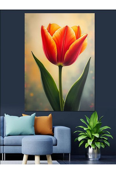 Tablomega Red Tulip and Simple Natural Visual Decorative Canvas - Mdf Wooden Painting