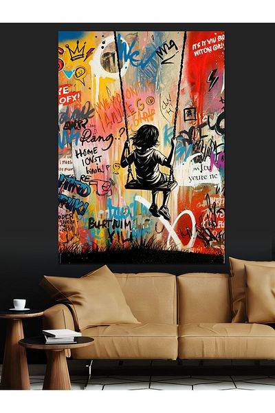 Tablomega Graffiti and Swinging Children Decorative Canvas - Mdf Wooden Table