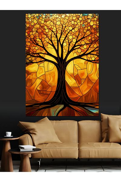 Tablomega Golden Leaf Tree Decorative Canvas - Mdf Wooden Table