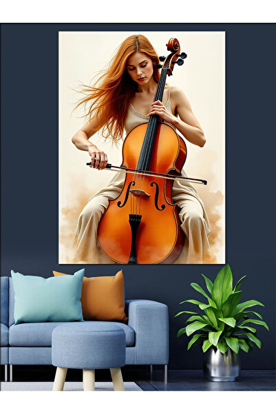 ekart Çello Çalan Kadın Dekoratif Kanvas - Mdf Ahşap Tablo