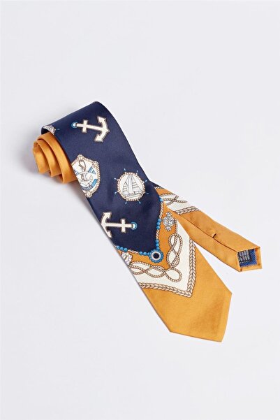 Gani Yalçın Sarı Lacivert Marine Motifli İpek Kravat