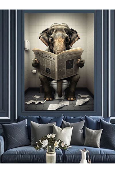 Tablomega Journalist Elephant and Toilet Decorative Canvas - Mdf Wooden Painting