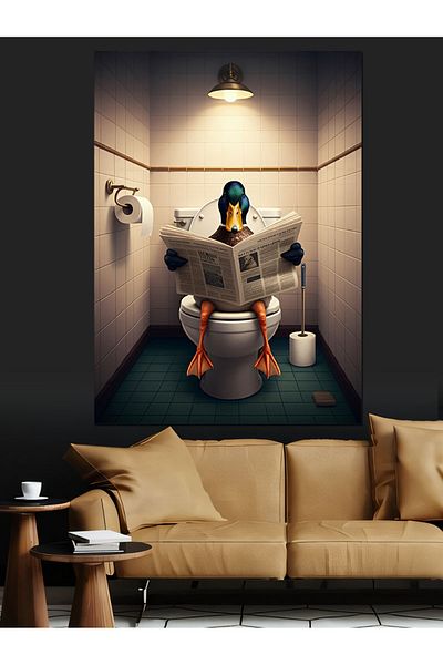 Tablomega Duck Reading Newspaper in the Toilet Decorative Canvas - Mdf Wooden Painting