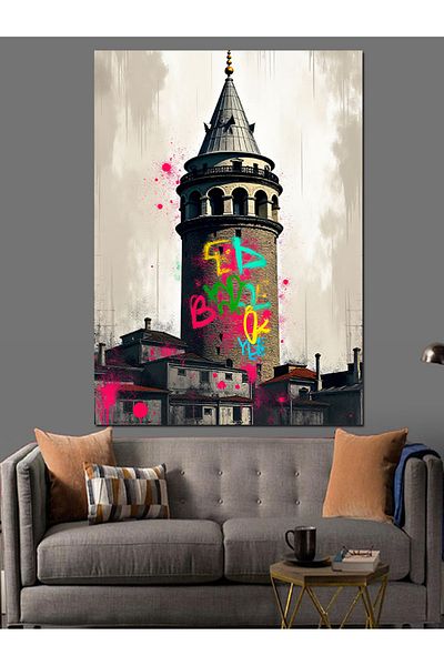 Tablomega Galata Tower Decorative Canvas Colored with Graffiti - Mdf Wooden Painting