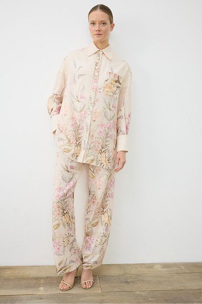 TERZİ DÜKKANI Beige Flora Patterned Linen Pants Suit