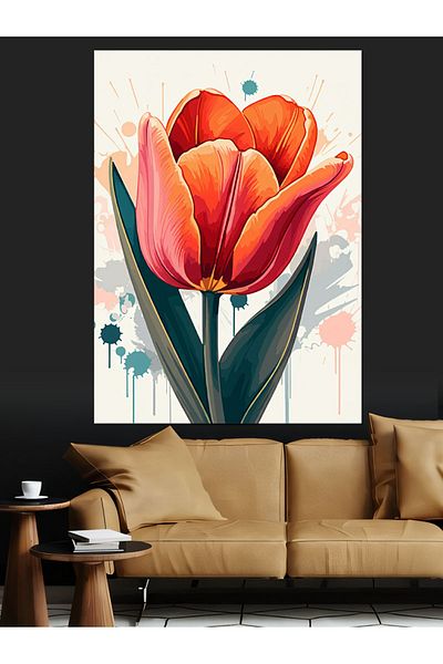 Tablomega Pomegranate Flower Tulip Decorative Canvas - Mdf Wooden Table