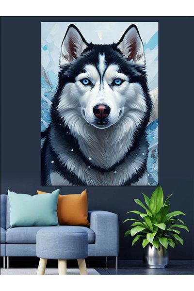 Tablomega Ice Blue Husky Dog Decorative Canvas - Mdf Wooden Painting