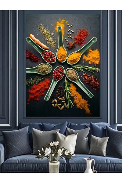 Tablomega Colorful Spice Spoons and Spices Decorative Canvas - Mdf Wooden Painting
