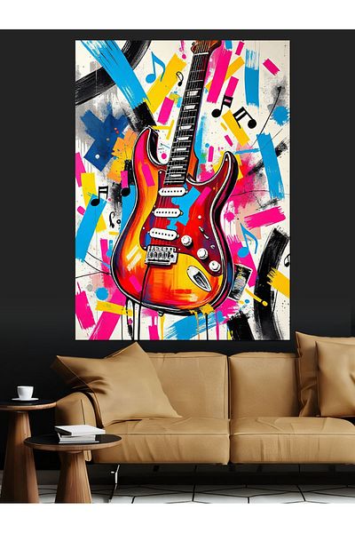 Tablomega Guitar Decorative Canvas with the Dance of Colors - Mdf Wood Painting