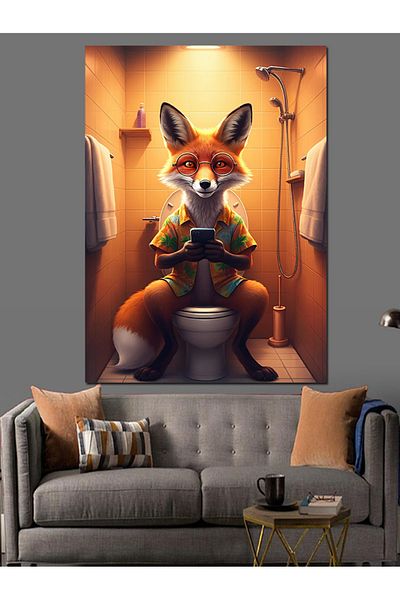 Tablomega Fox Reading Newspaper Decorative Canvas in Toilet - Mdf Wooden Painting