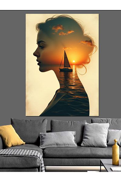 Tablomega Sunset and Sailboat Decorative Canvas - Mdf Wooden Painting