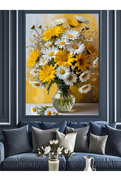 KanvasSepeti Beyaz Papatya Buketi Dekoratif Yağlı boya Dokulu Yüksek kaliteli...