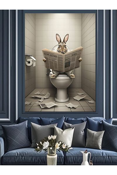 Tablomega Rabbit in the Toilet Decorative Canvas - Mdf Wooden Painting