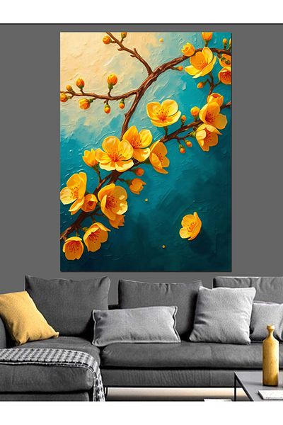 Tablomega Yellow Flower Branches Decorative Canvas - Mdf Wooden Table