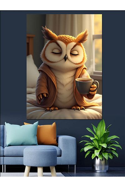 Tablomega Coffee Drinking Owl Figure Decorative Canvas - Mdf Wooden Painting