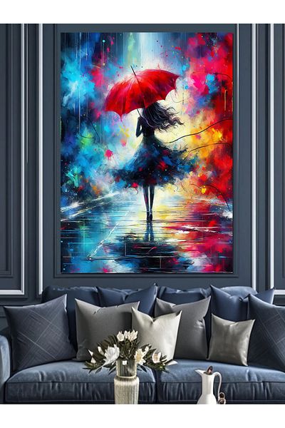 Tablomega Woman with Umbrella under Rain Decorative Canvas - Mdf Wooden Painting