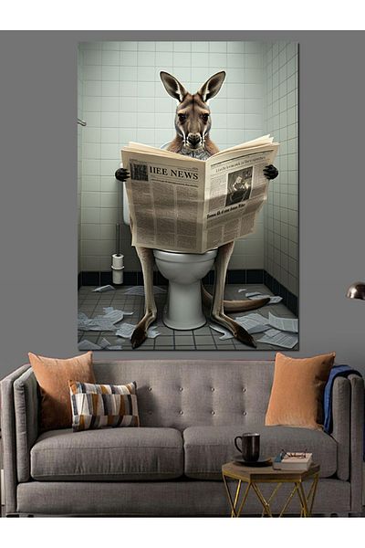 Tablomega Kangaroo Reading Newspaper in Toilet Decorative Canvas - Mdf Wooden Painting