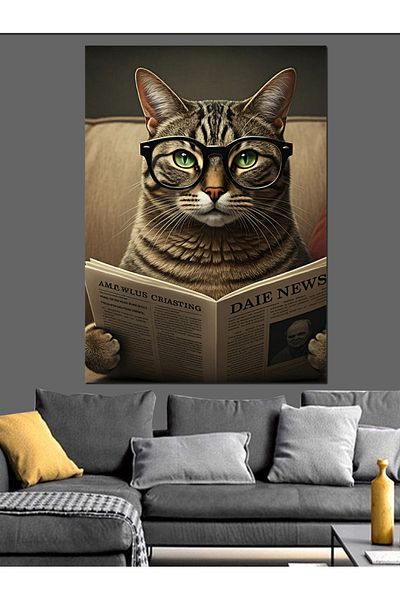 Tablomega Stylish Cat Reading Newspaper Decorative Canvas - Mdf Wooden Painting