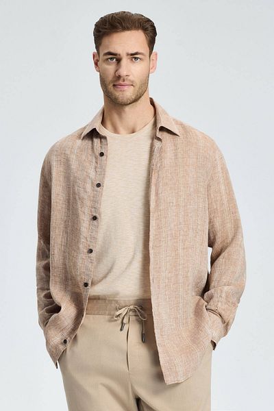 Hemington Stripe Patterned Pure Linen Camel Shirt