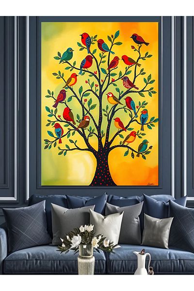 Tablomega Tree with Birds Decorative Canvas - Mdf Wooden Painting