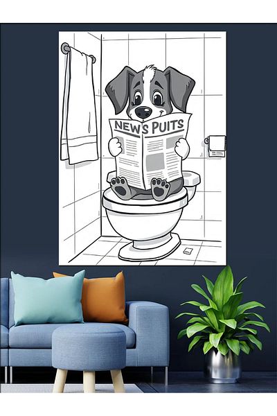 Tablomega Dog Reading Newspaper in the Toilet Decorative Canvas - Mdf Wooden Painting