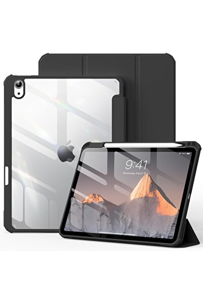 AWH حافظة آيباد الجيل الحادي عشر/العاشر، 10.9 بوصة، حامل قلم، غطاء خلفي شفاف صلب، حامل ثلاثي الطيات، أسود، خاصية التشغيل التلقائي