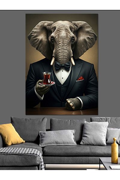 Tablomega Elephant Decorative Canvas with Elegant Tea Presentation - Mdf Wooden Table