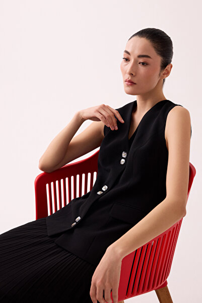 Jus De Pommes SİYAH ŞİFON PİLİSELİ UZUN YELEK ELBİSE