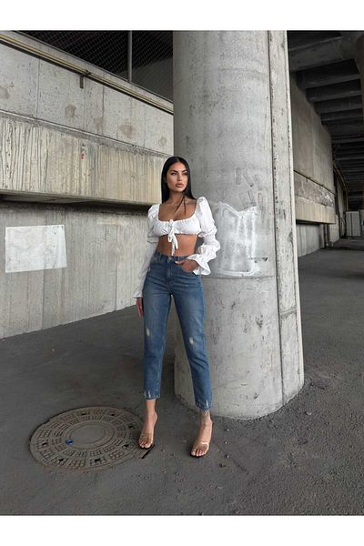 Pelin Jeans ДЪНКИ MOM JEANS С РЪЧАН ДЕТАЙЛ С ВИСОКА ТАЛИЯ