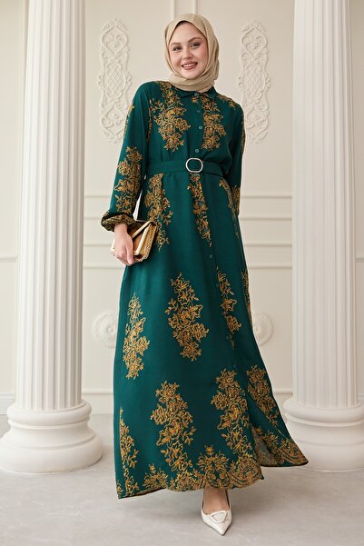 InStyle Gold Patterned Emerald Green Viscose Dress
