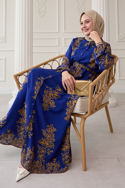 InStyle Χρυσό σχέδιο σάξ μπλε βισκόζη φόρεμα