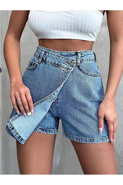 1434 Polo State Fusta scurtă de damă albastru denim cu talie înaltă