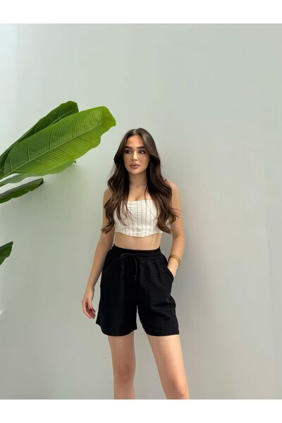 Ozy Fashion Чорні лляні шорти з подвійною кишенею з детальними зав'язками на талії