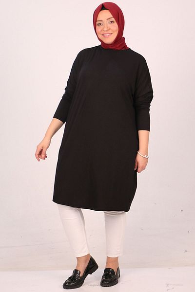Eslina 28092 Large Size Low Sleeve Combed Cotton Tunic-black