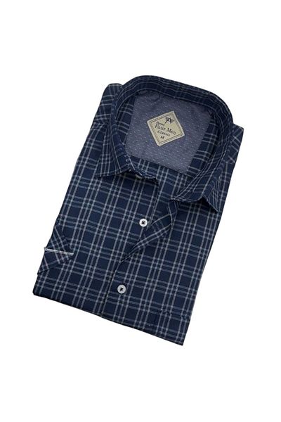 GÖMLEK GALERİSİ Men's Classic Relaxed Fit Checked Short Sleeve Linen Shirt