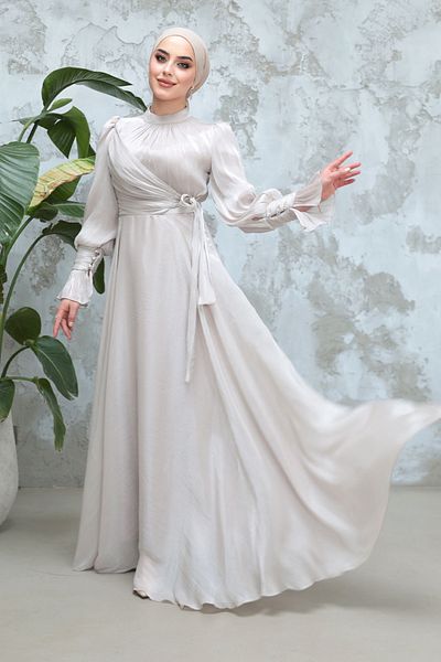 Neva Style Rochie de seară hijab din piatră cu detaliu de șireturi 48051tas