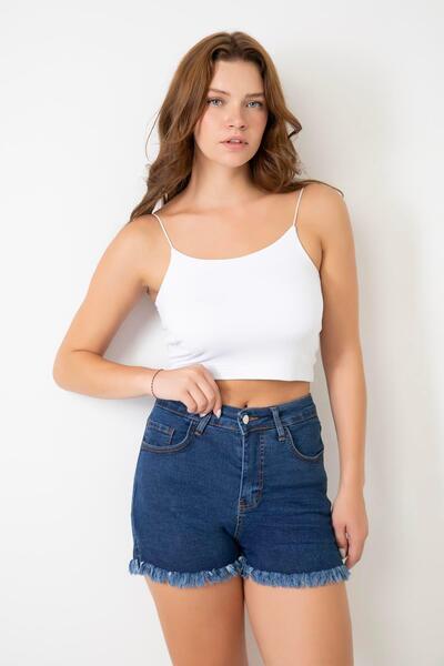 1434 Polo State Kadın Yüksek Bel Yırtmaç Detaylı Denim Kot Şort Mavi